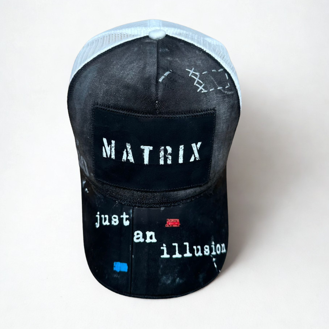Cappellino nero Matrix Pitt Conrad con pillola rossa e pillola blu in denim e pelle