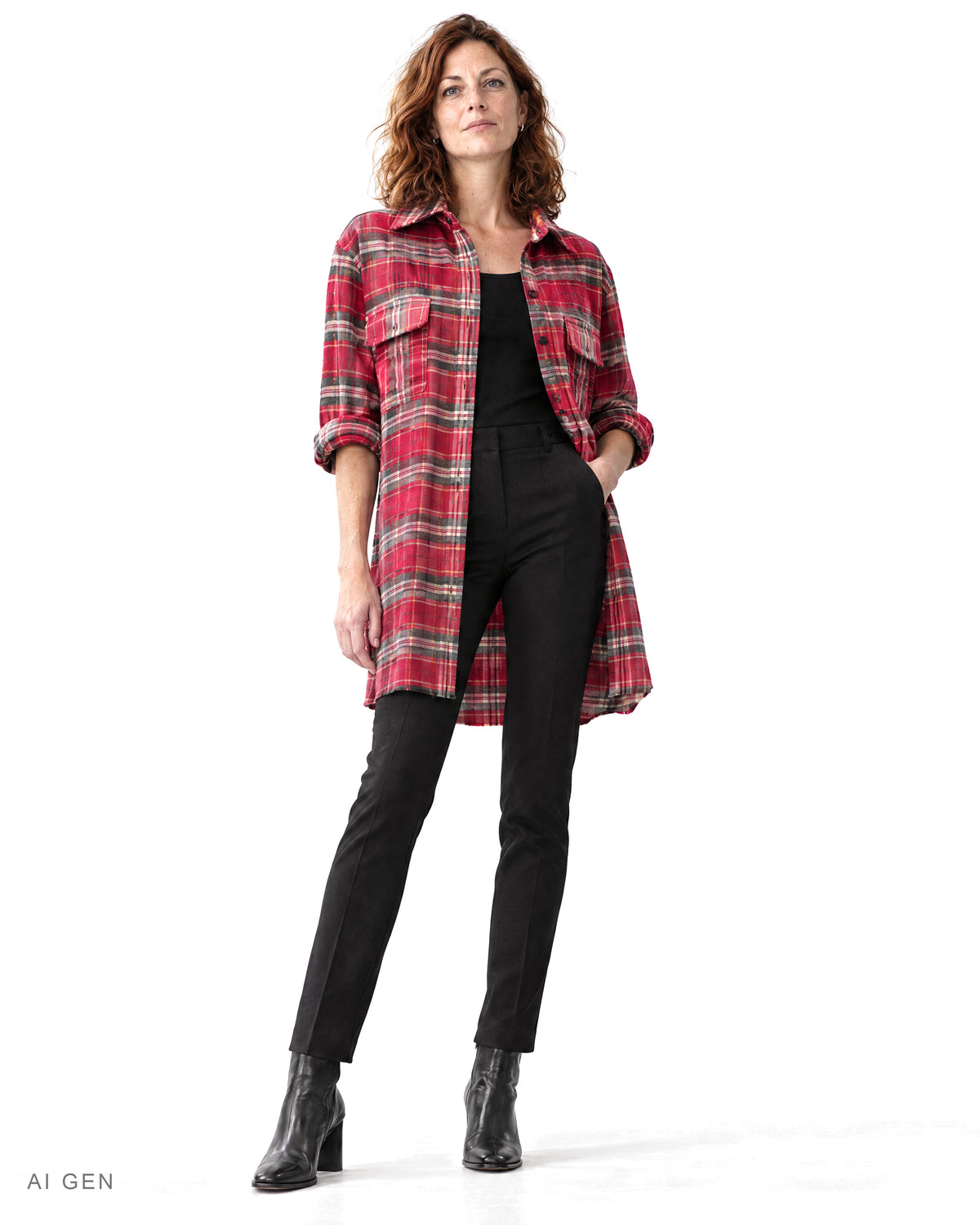 Camicione Donna in Flanella – camicione a quadri rossi, grigi e crema, indossato da una modella – vista frontale