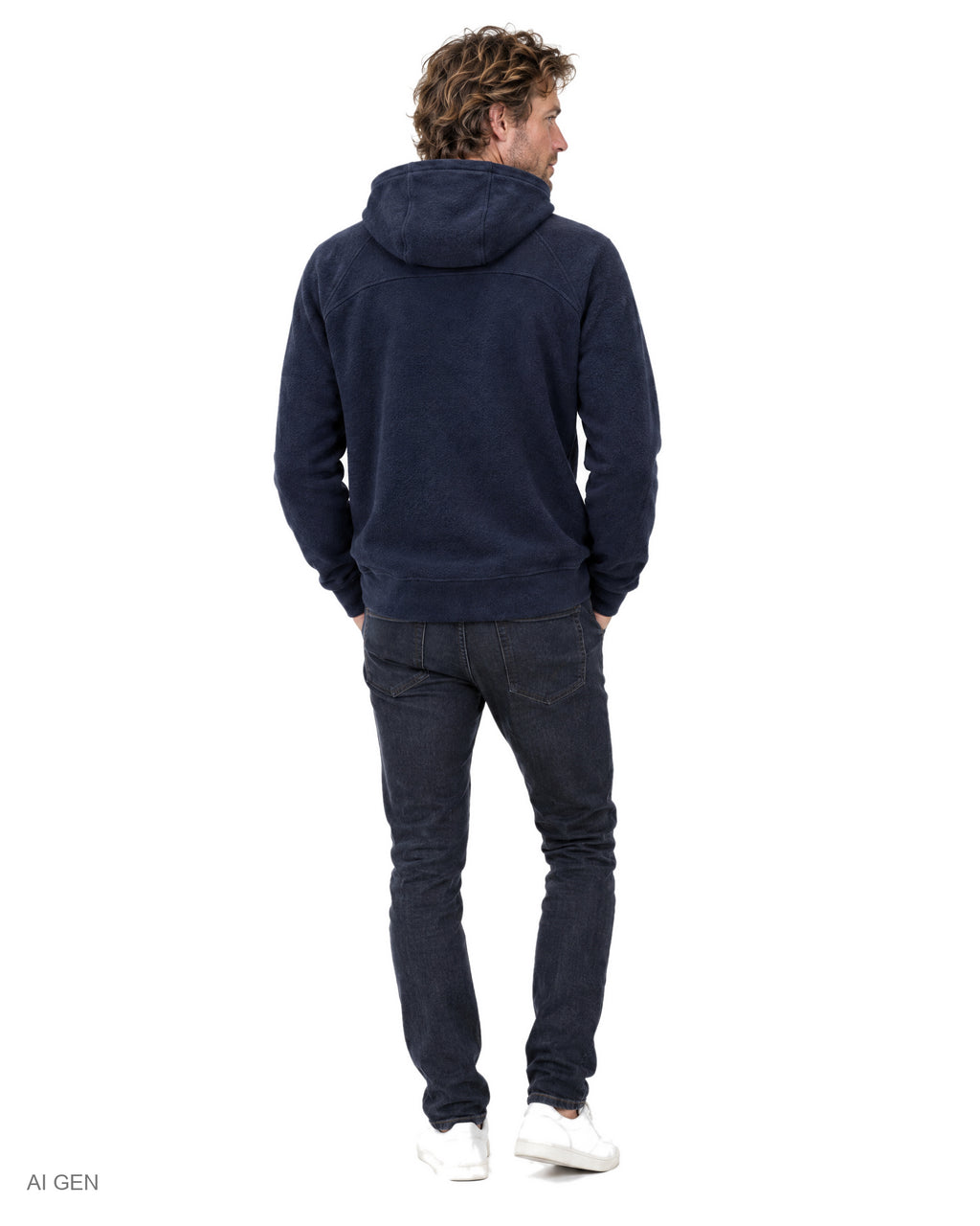 NINJA – felpa in pile blu navy con zip bianca a collo alto con cappuccio e zip laterale, indossata da un modello – vista posteriore