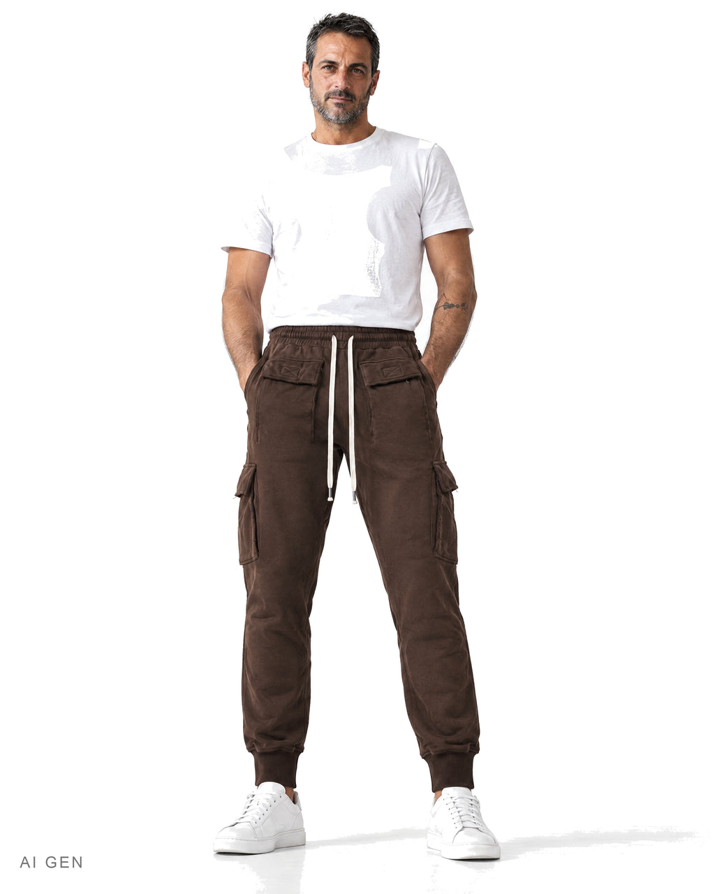 Pantalone Cargo in Felpa – jogger cargo cacao in felpa con coulisse, indossato da un modello – vista frontale