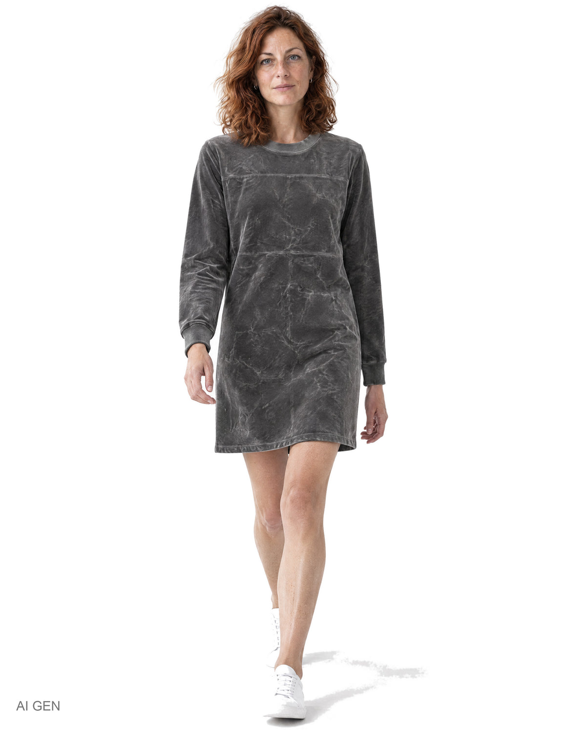 GRAFITE – vestito in velluto grigio antracite effetto lavato, indossato da una modella – vista frontale