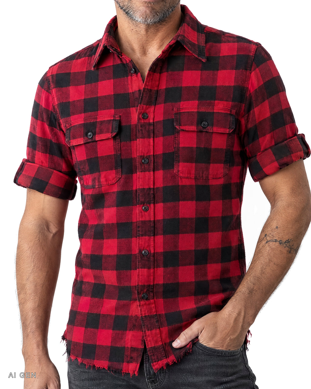 Camicia Uomo in Cotone di Flanella – camicia in flanella a grandi quadri rossi e neri, indossata da un modello – dettaglio