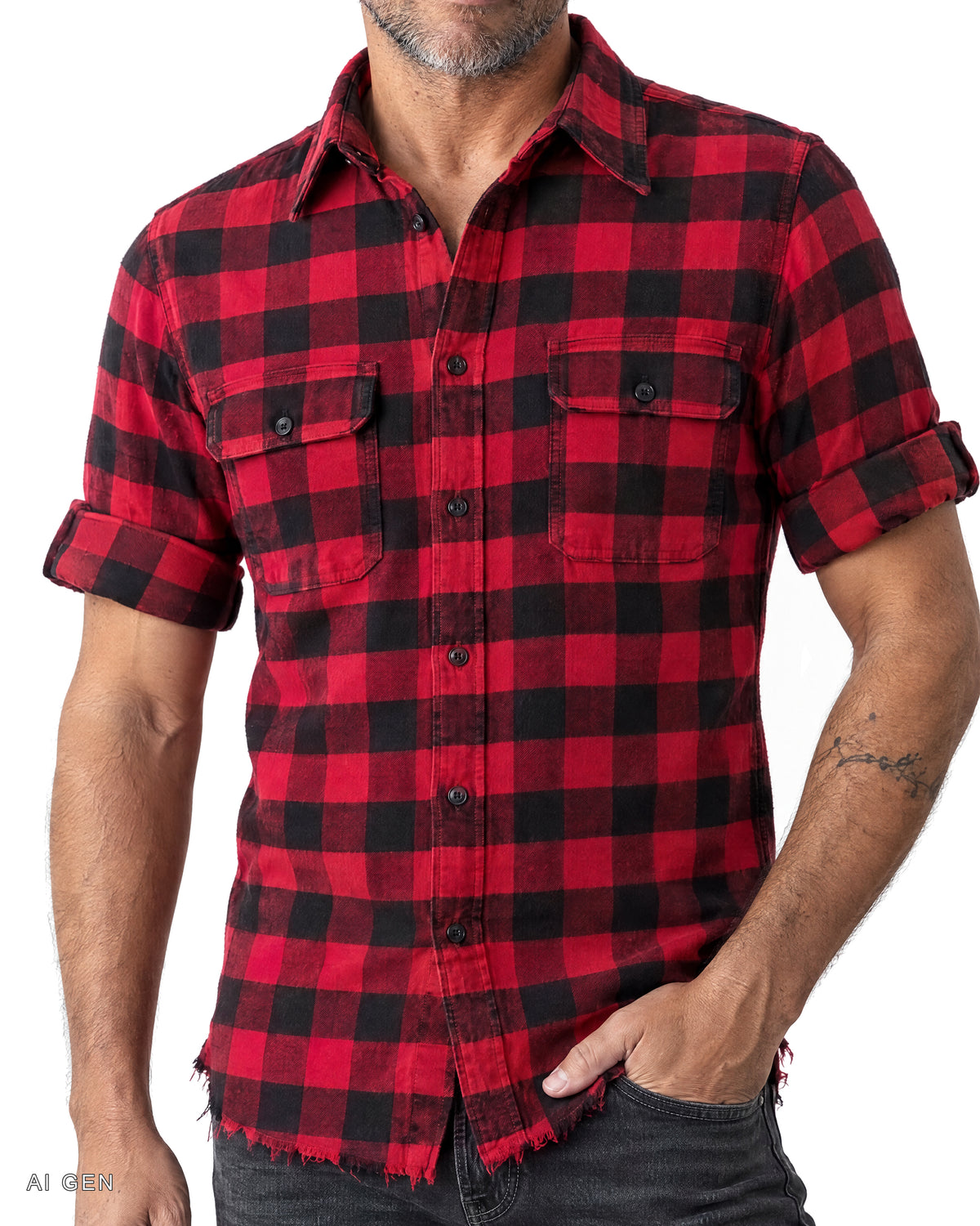Camicia Uomo in Cotone di Flanella – camicia in flanella a grandi quadri rossi e neri, indossata da un modello – dettaglio