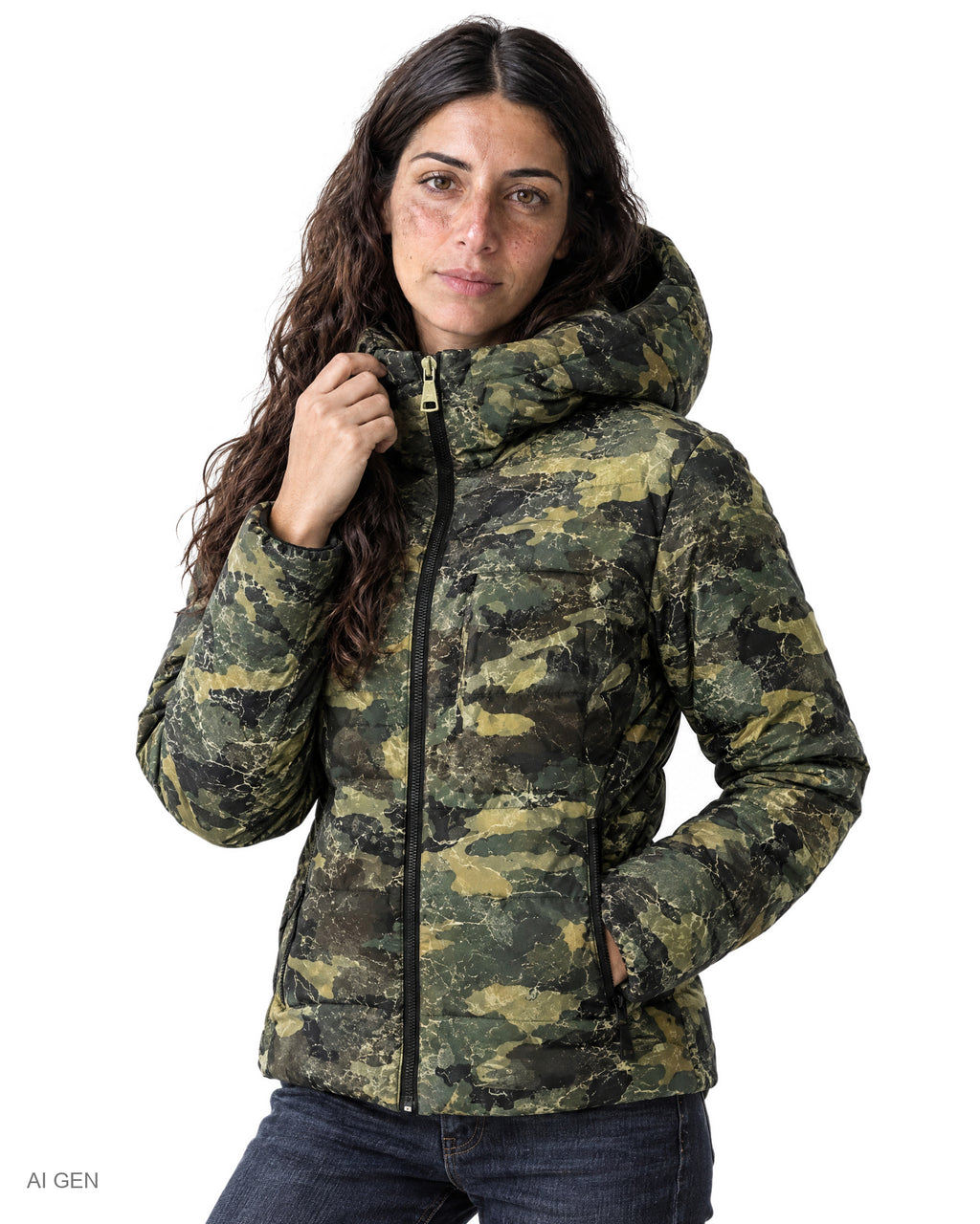 Giubbotto Mimetico – giubbotto imbottito camouflage verde con cappuccio, indossato da una modella – dettaglio