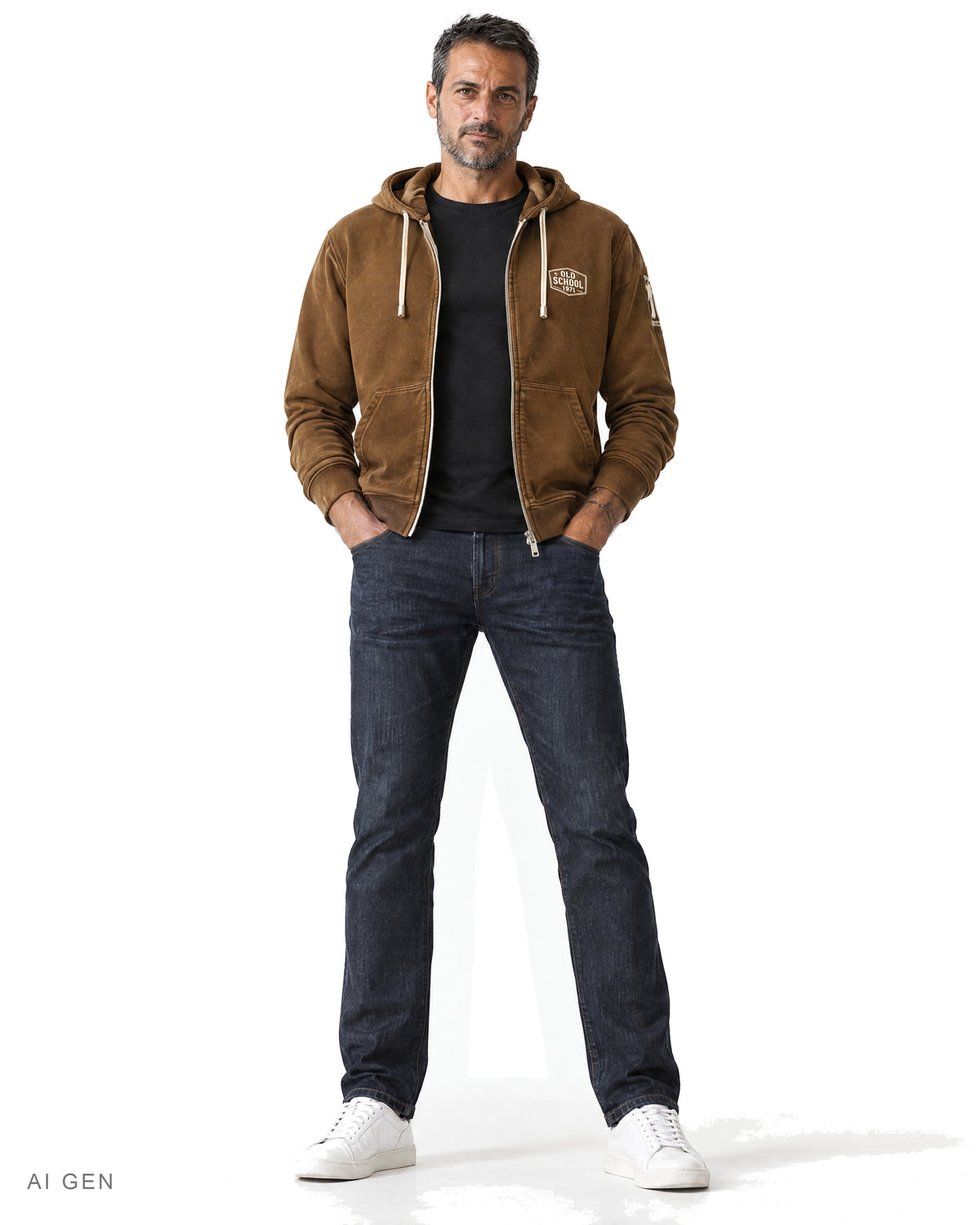 Felpa zip Old School – felpa con zip marrone caramello, indossata da un modello – vista frontale