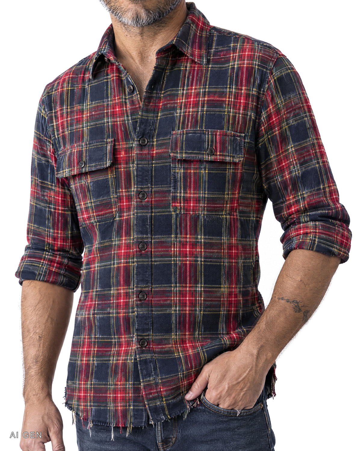 Camicia Uomo in Cotone di Flanella – camicia in flanella tartan blu navy con righe rosse, gialle e verdi, indossata da un modello – dettaglio