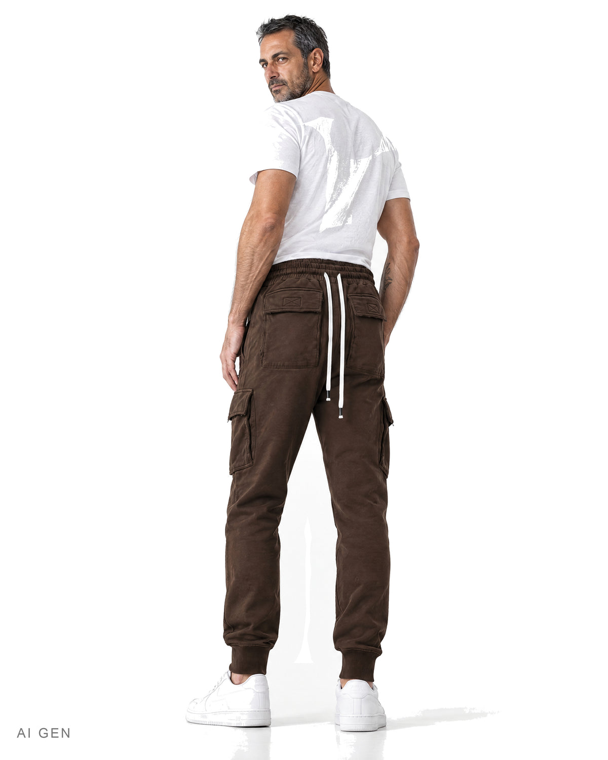 Pantalone Cargo in Felpa – jogger cargo cacao in felpa con coulisse, indossato da un modello – vista posteriore