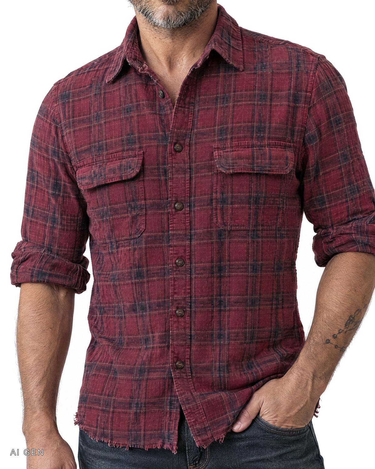 Camicia Uomo in Cotone di Flanella – camicia in flanella a quadri bordeaux e blu navy, indossata da un modello – dettaglio
