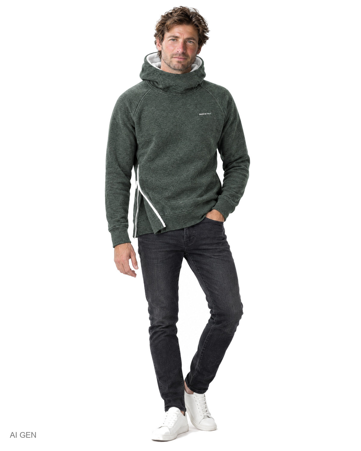 NINJA – felpa in pile verde oliva con dettagli bianchi a collo alto con cappuccio e zip laterale, indossata da un modello – vista frontale