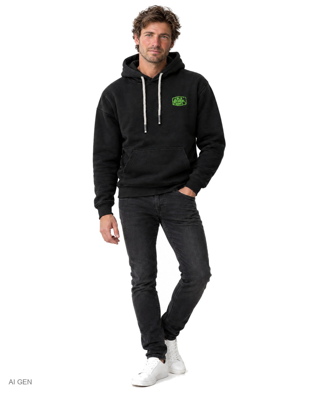 OLD SCHOOL LUCKY 29 – felpa nera con cappuccio e stampa verde, indossata da un modello – vista frontale