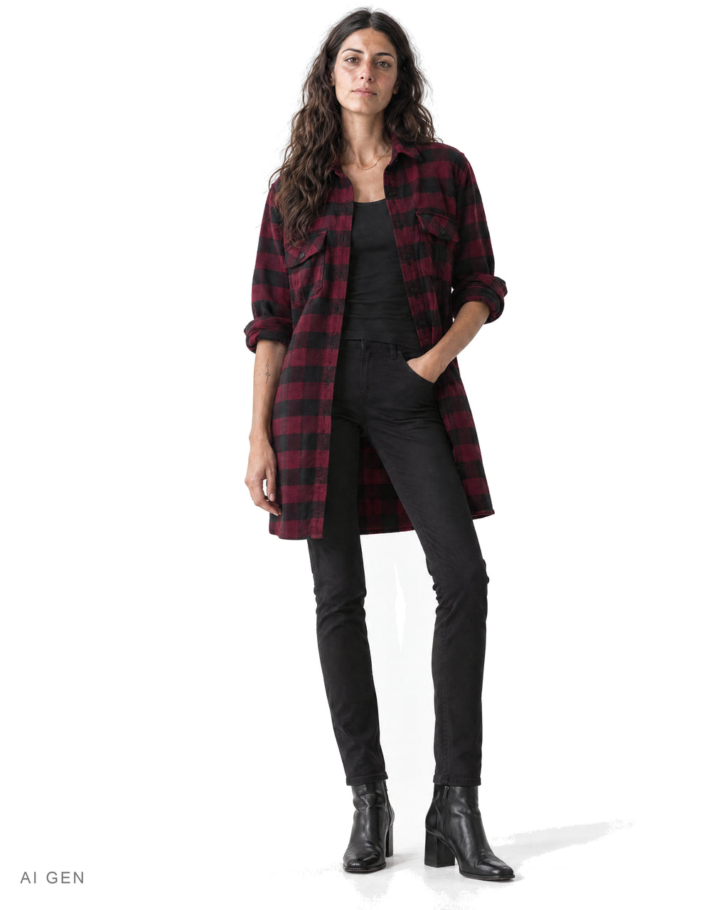 Camicione Donna in Flanella – camicione a quadri bordeaux scuro e neri, indossato da una modella – vista frontale