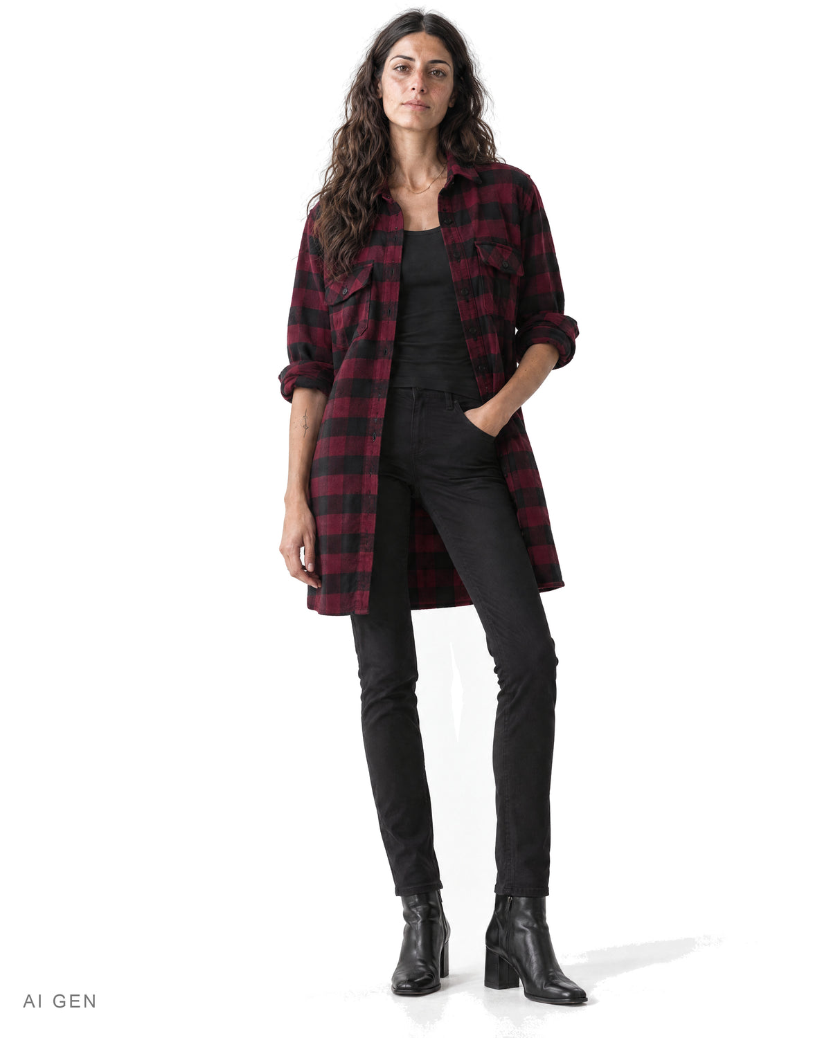Camicione Donna in Flanella – camicione a quadri bordeaux scuro e neri, indossato da una modella – vista frontale
