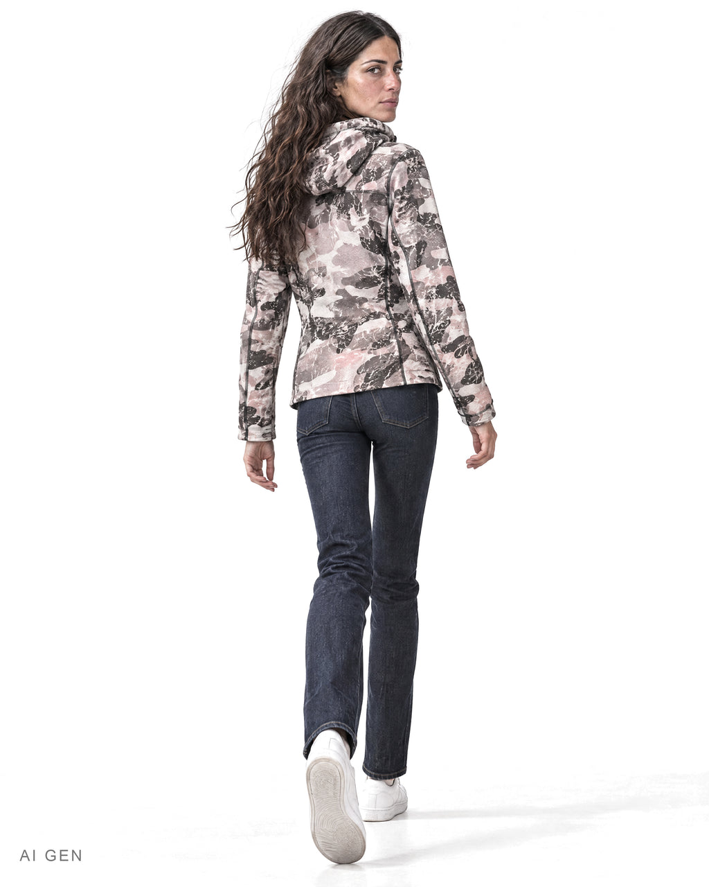 Giubbotto in Cotone – giubbotto imbottito camouflage rosa e grigio con cappuccio, indossato da una modella – vista posteriore