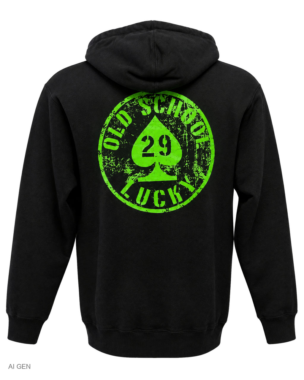 OLD SCHOOL LUCKY 29 – felpa nera con cappuccio e stampa verde – foto prodotto, vista posteriore