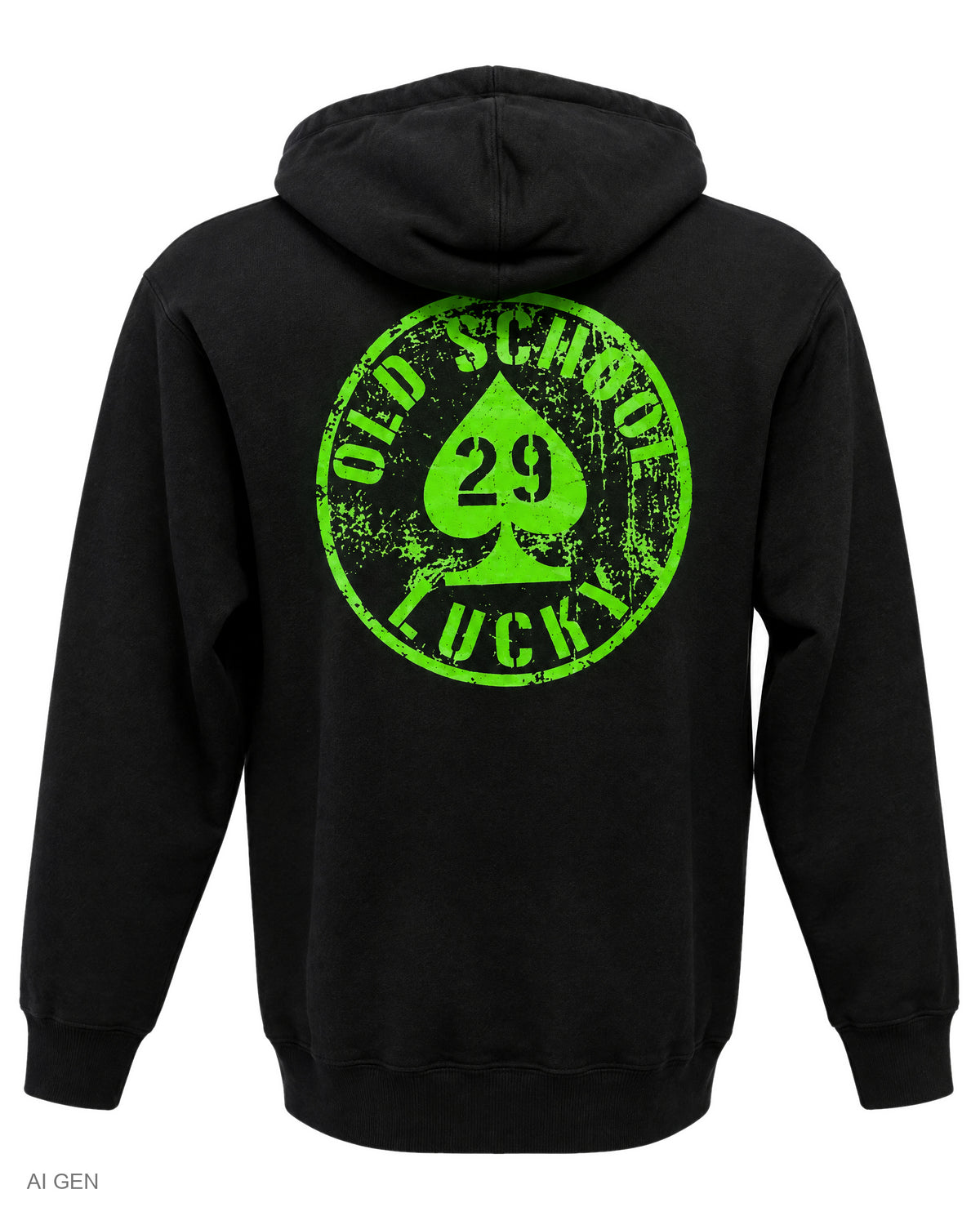 OLD SCHOOL LUCKY 29 – felpa nera con cappuccio e stampa verde – foto prodotto, vista posteriore