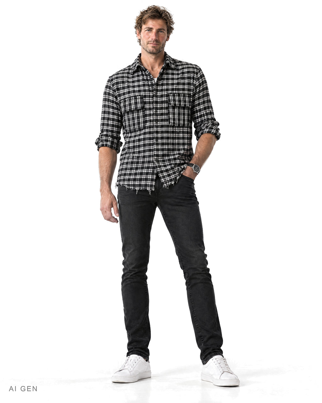 Camicia Uomo in Cotone di Flanella – camicia in flanella a quadri bianchi e neri, indossata da un modello – vista frontale