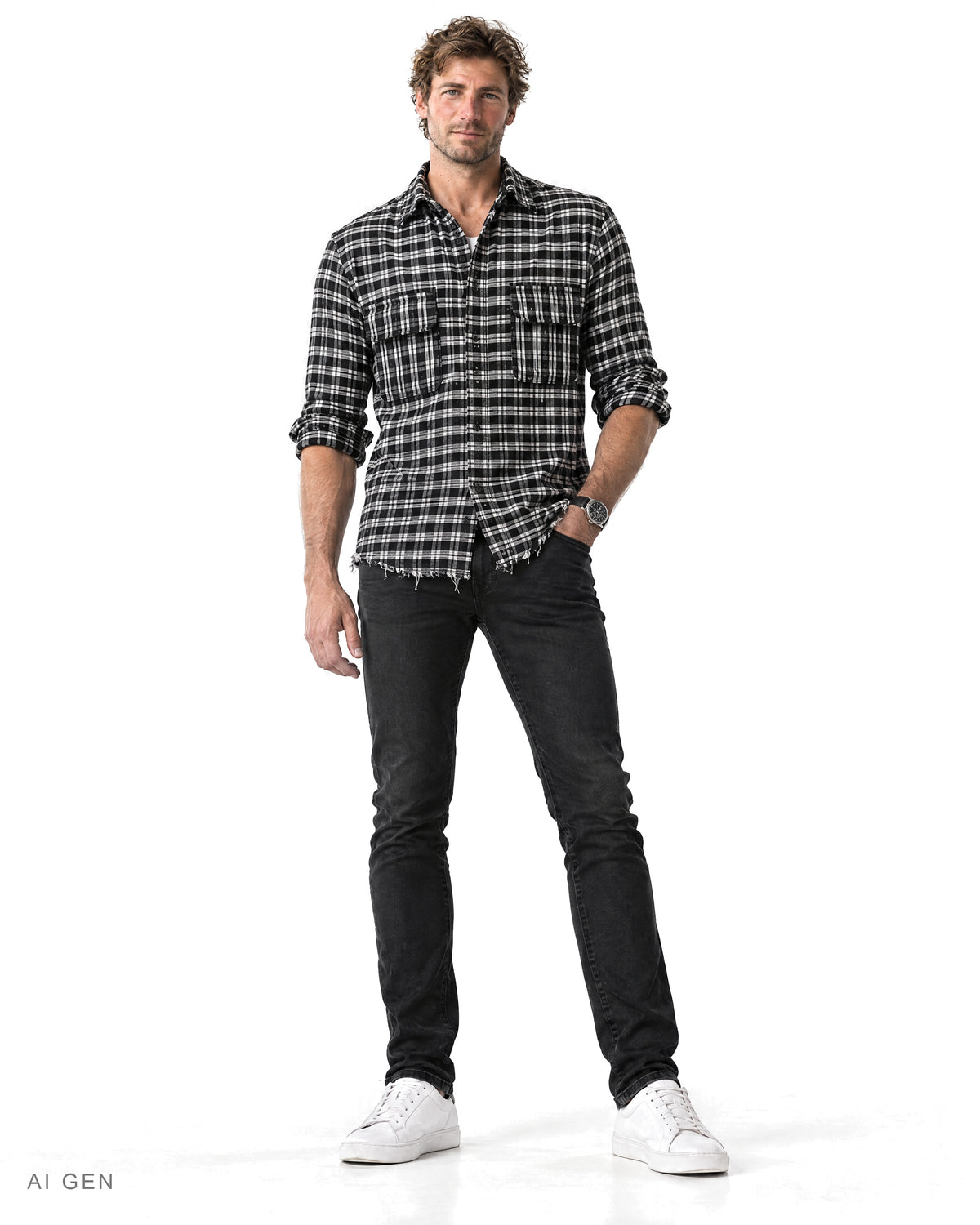 Camicia Uomo in Cotone di Flanella – camicia in flanella a quadri bianchi e neri, indossata da un modello – vista frontale