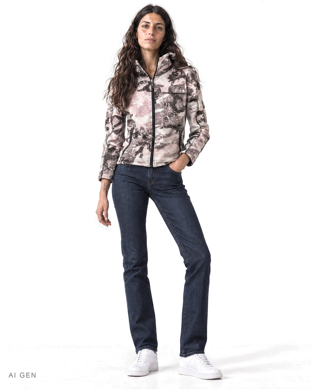 Giubbotto in Cotone – giubbotto imbottito camouflage rosa e grigio con cappuccio, indossato da una modella – vista frontale