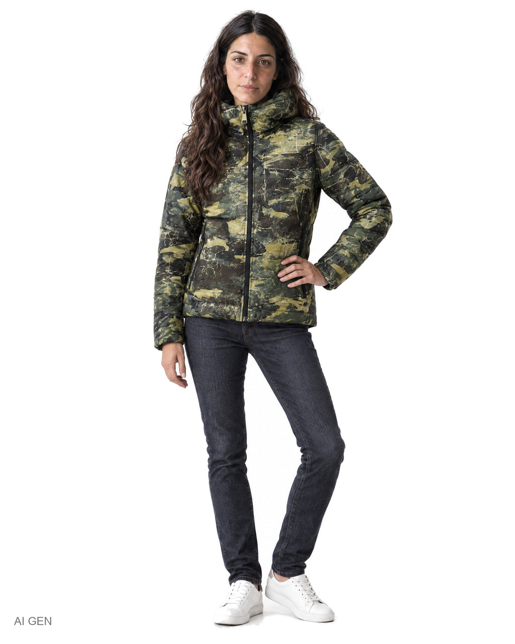 Giubbotto Mimetico – giubbotto imbottito camouflage verde con cappuccio, indossato da una modella – vista frontale