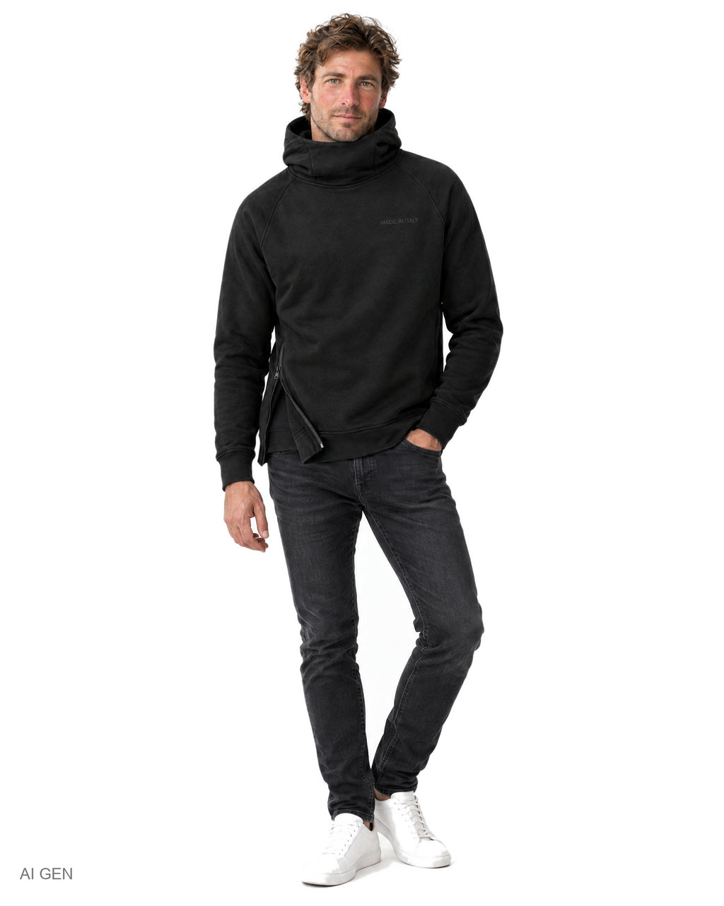 NINJA – felpa nera a collo alto con cappuccio e zip laterale, indossata da un modello – vista frontale