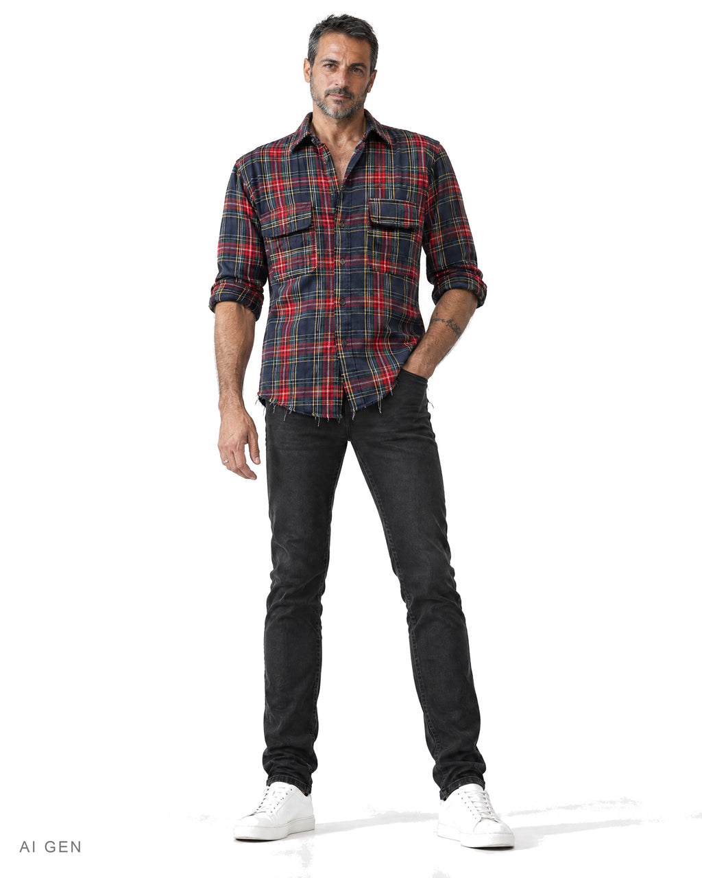 Camicia Uomo in Cotone di Flanella – camicia in flanella tartan blu navy con righe rosse, gialle e verdi, indossata da un modello – vista frontale