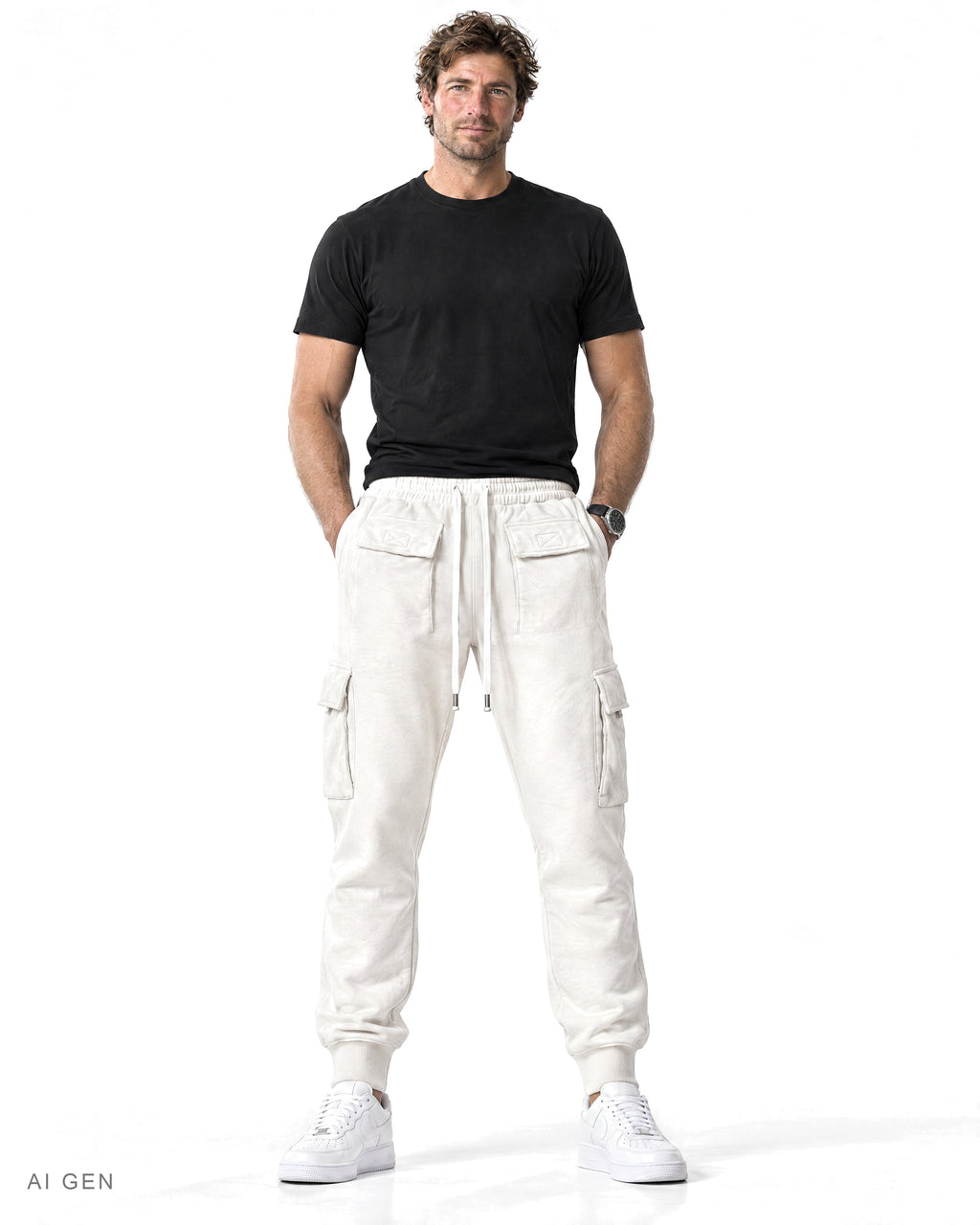 Pantalone Cargo in Felpa – jogger cargo bianco in felpa con coulisse, indossato da un modello – vista frontale