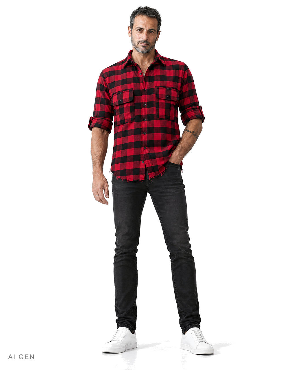 Camicia Uomo in Cotone di Flanella – camicia in flanella a grandi quadri rossi e neri, indossata da un modello – vista frontale