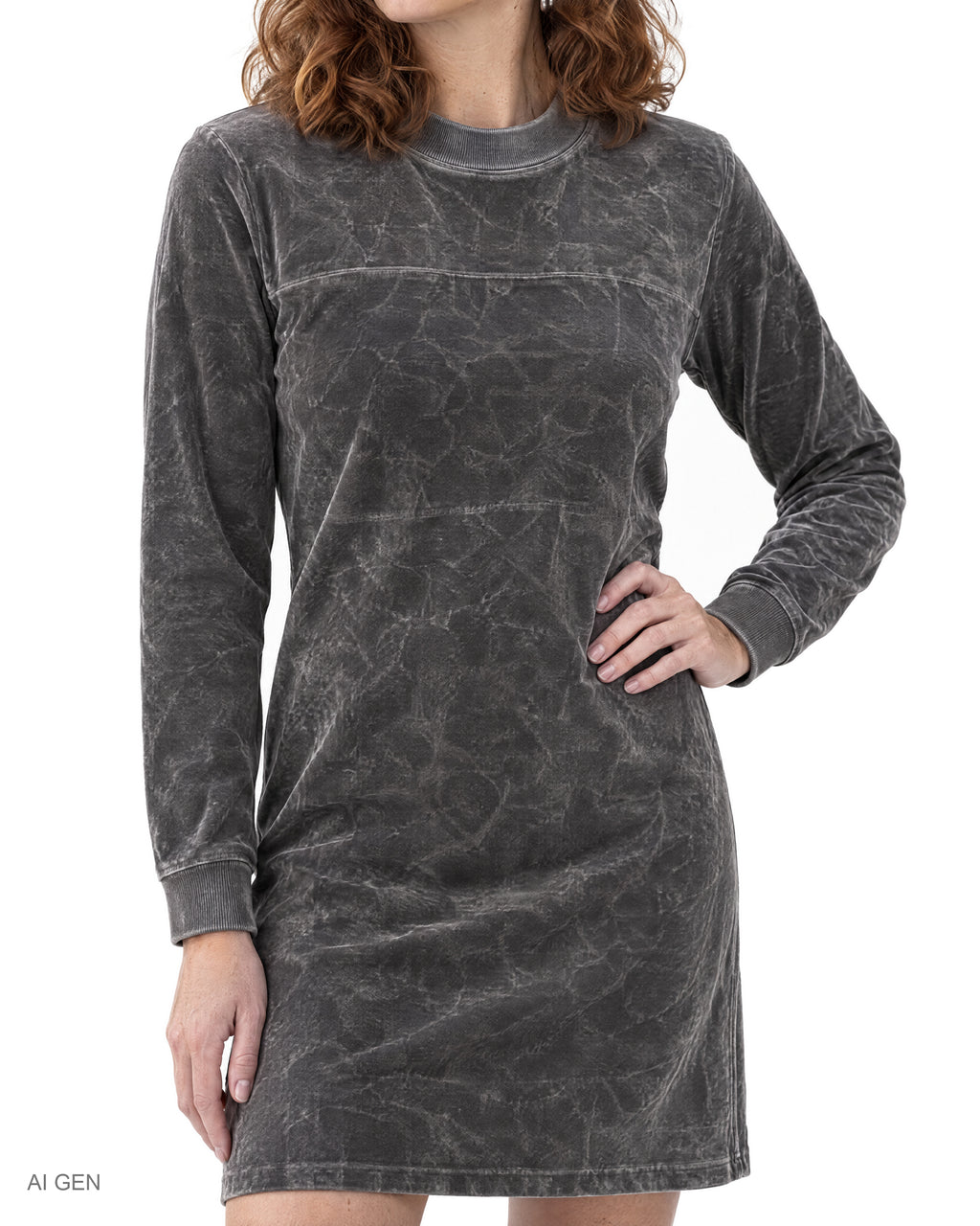 GRAFITE – vestito in velluto grigio antracite effetto lavato, indossato da una modella – vista di tre quarti
