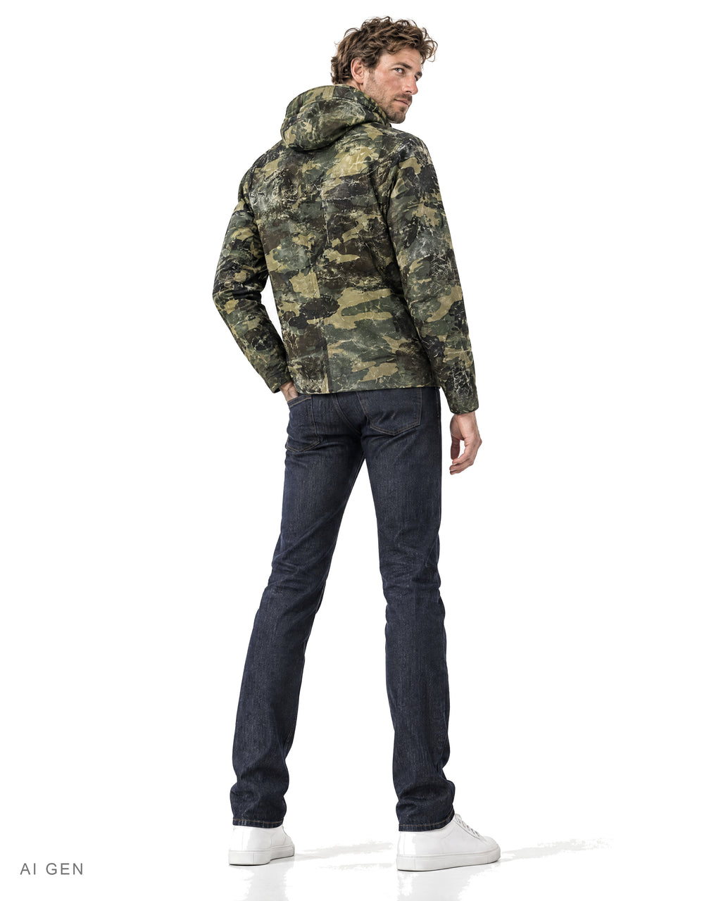 Giubbotto Mimetico – giubbotto imbottito camouflage verde con cappuccio, indossato da un modello – vista posteriore