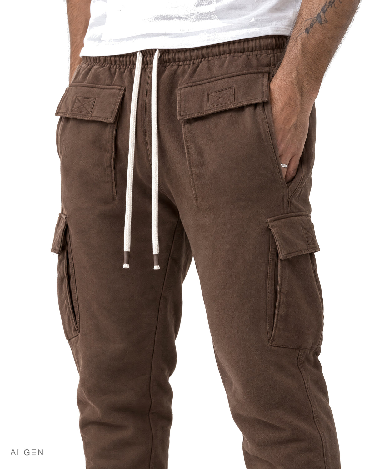 Pantalone Cargo in Felpa – jogger cargo cacao in felpa con coulisse, indossato da un modello – dettaglio