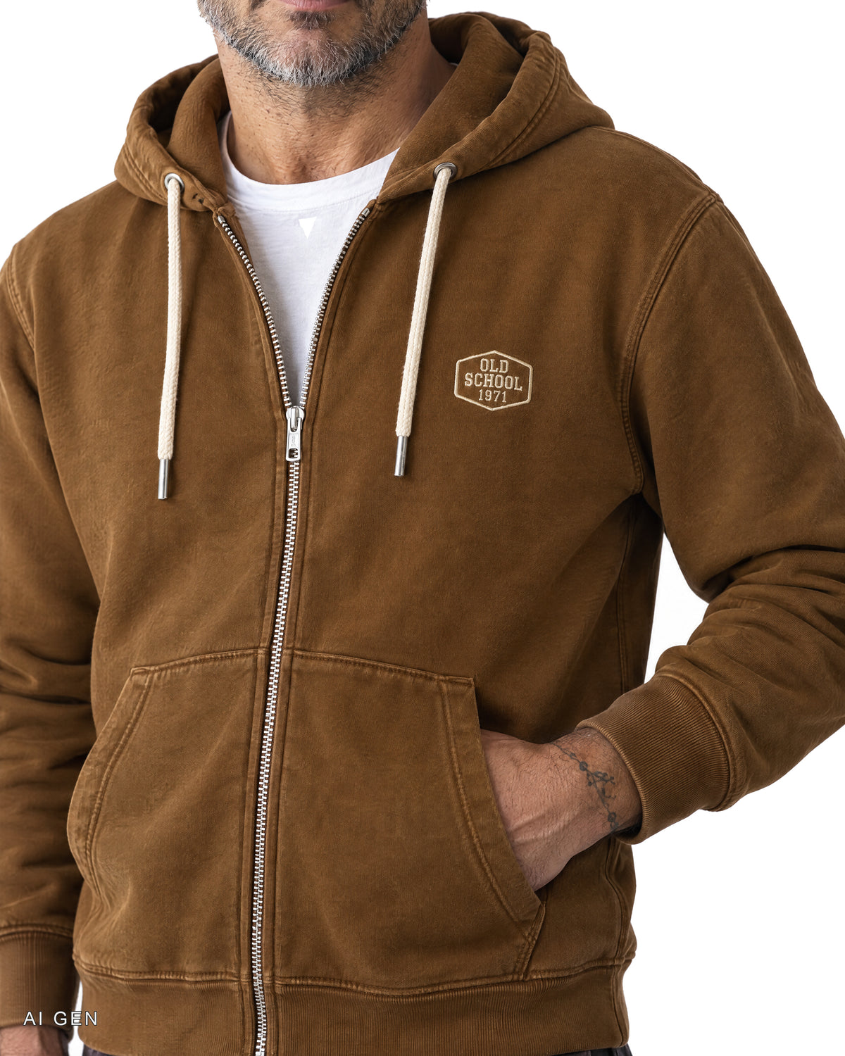 Felpa zip Old School – felpa con zip marrone caramello, indossata da un modello – dettaglio