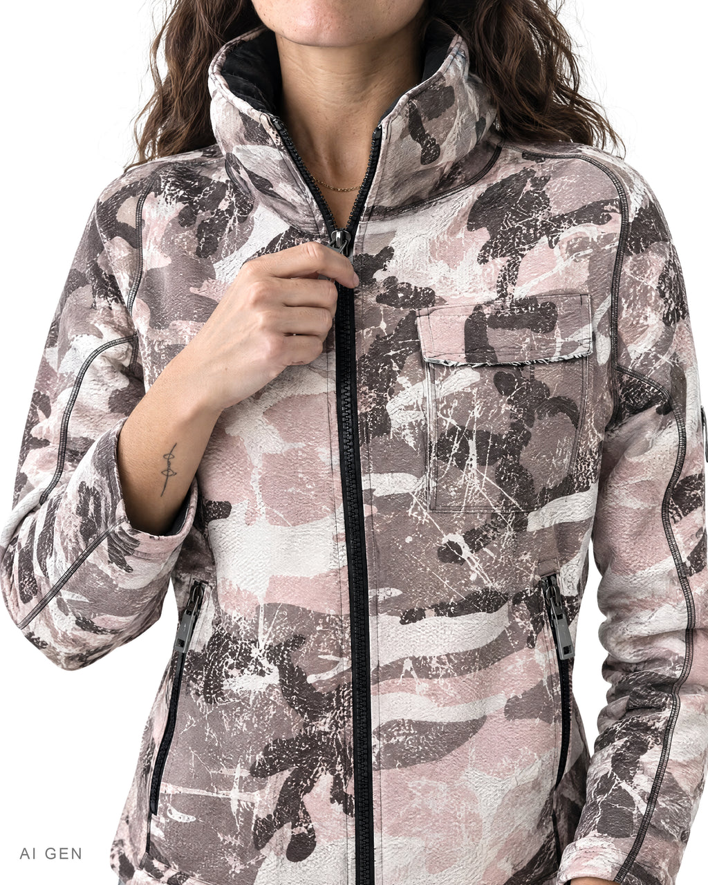 Giubbotto in Cotone – giubbotto imbottito camouflage rosa e grigio con cappuccio, indossato da una modella – dettaglio