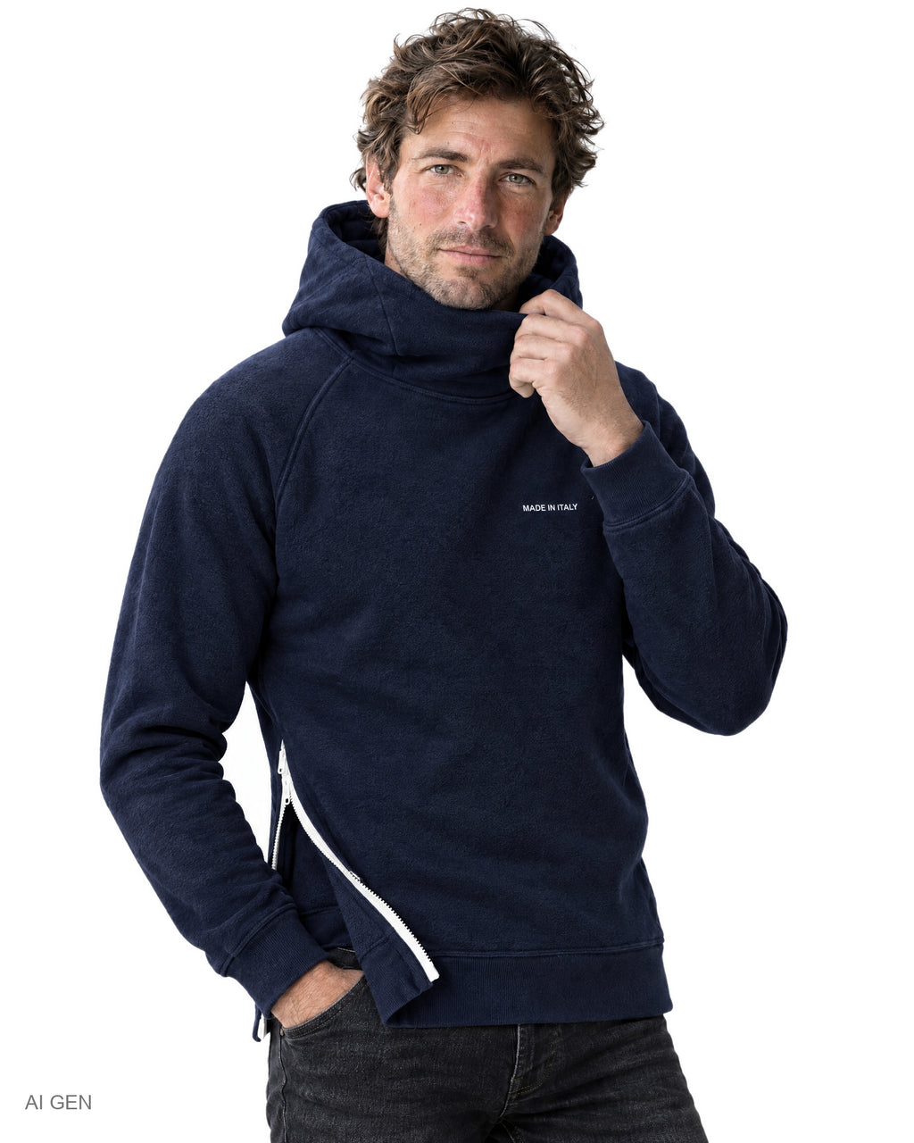 NINJA – felpa in pile blu navy con zip bianca a collo alto con cappuccio e zip laterale, indossata da un modello – dettaglio del collo