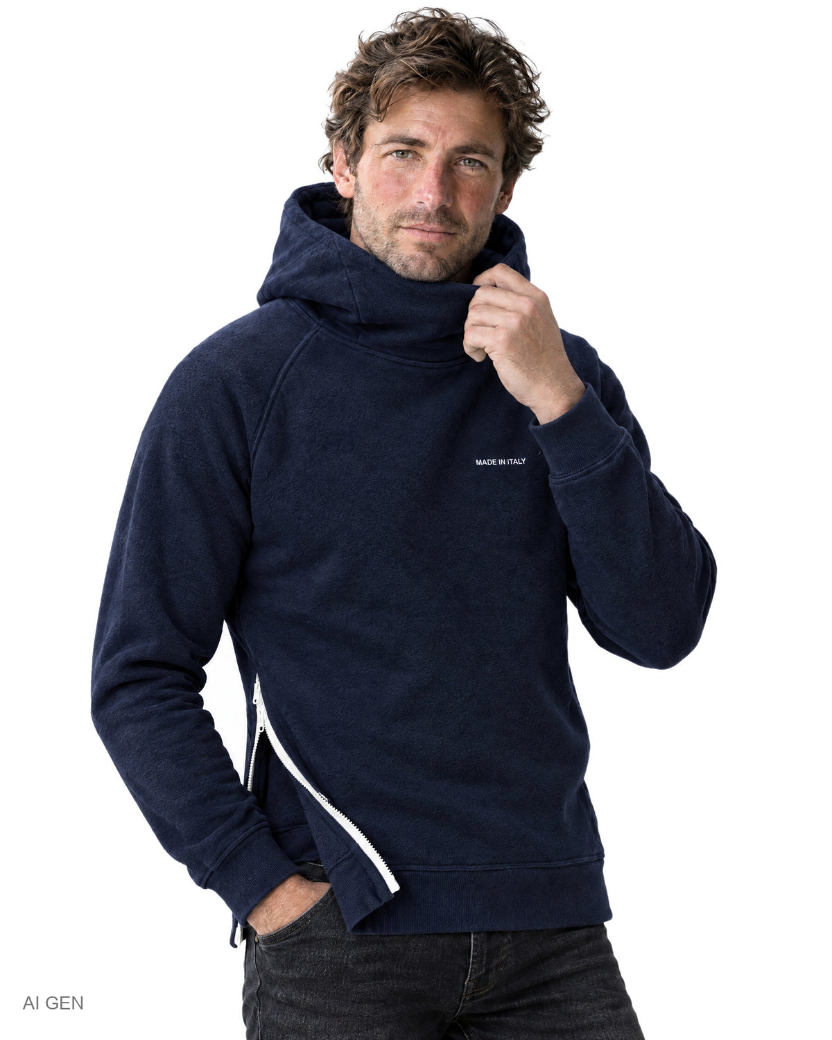 NINJA – felpa in pile blu navy con zip bianca a collo alto con cappuccio e zip laterale, indossata da un modello – dettaglio del collo