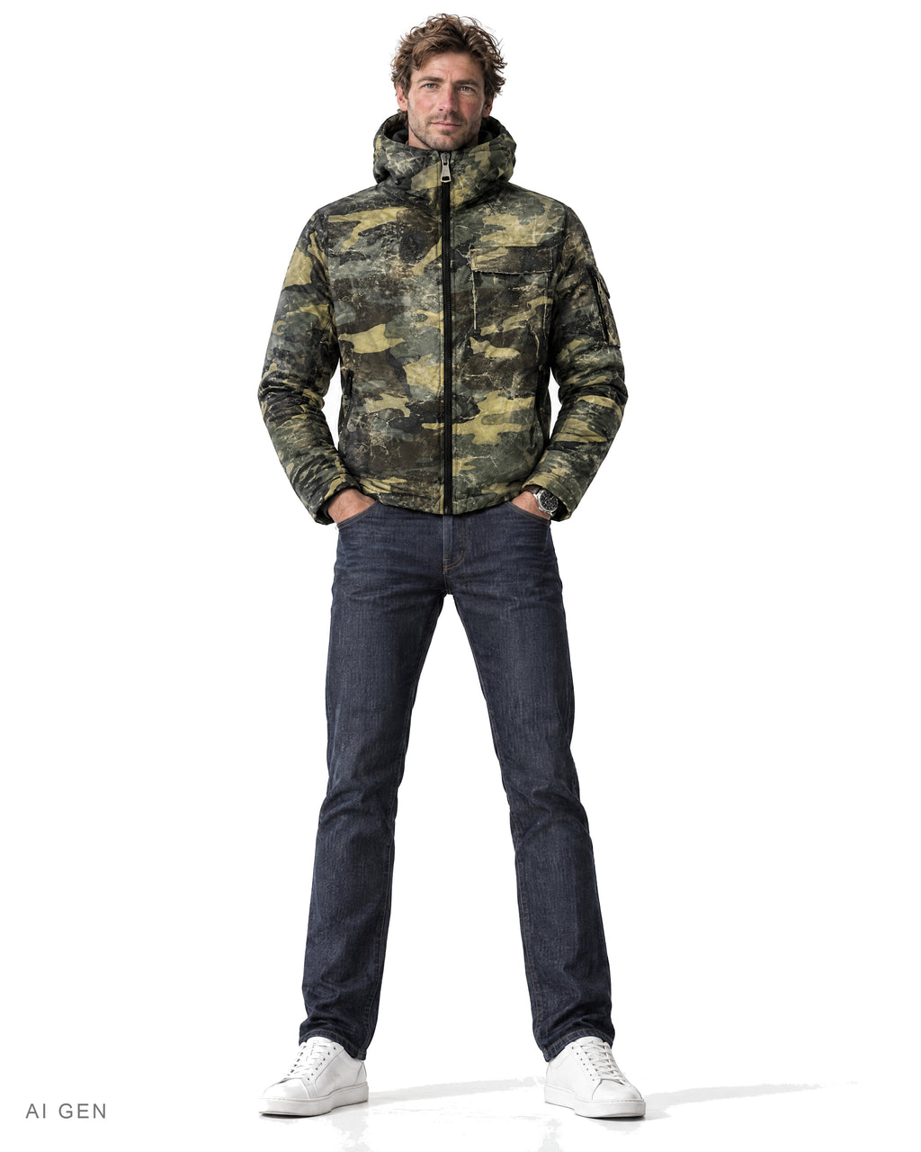 Giubbotto Mimetico – giubbotto imbottito camouflage verde con cappuccio, indossato da un modello – vista frontale