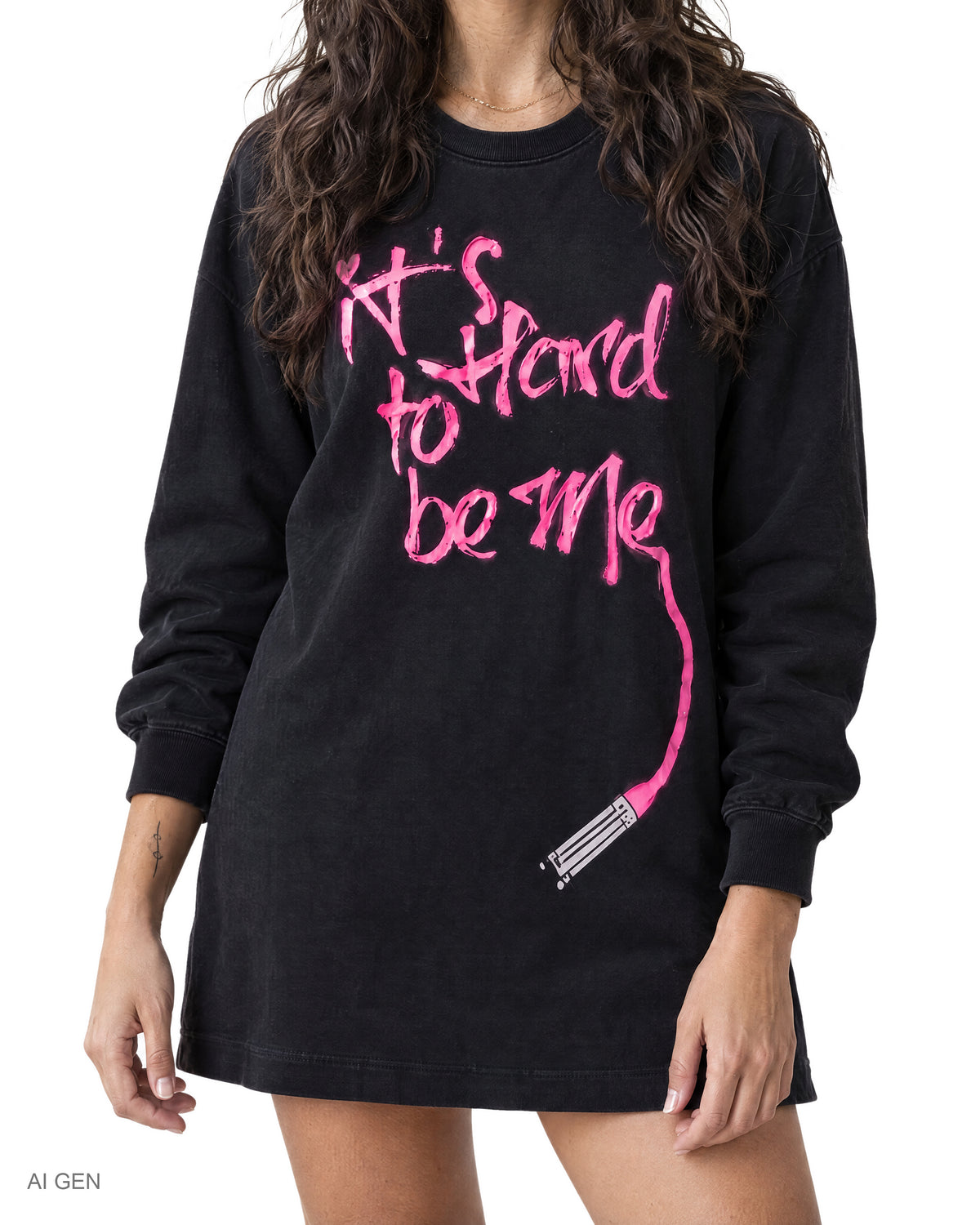 IT'S HARD TO BE ME – vestito in felpa nera con scritta rosa fluo, indossato da una modella – dettaglio della stampa