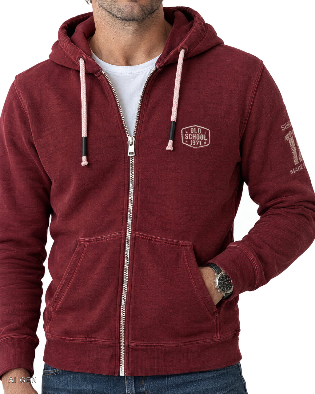 Felpa zip Old School – felpa con zip rosso granata, indossata da un modello – dettaglio