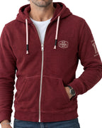 Felpa zip Old School – felpa con zip rosso granata, indossata da un modello – dettaglio