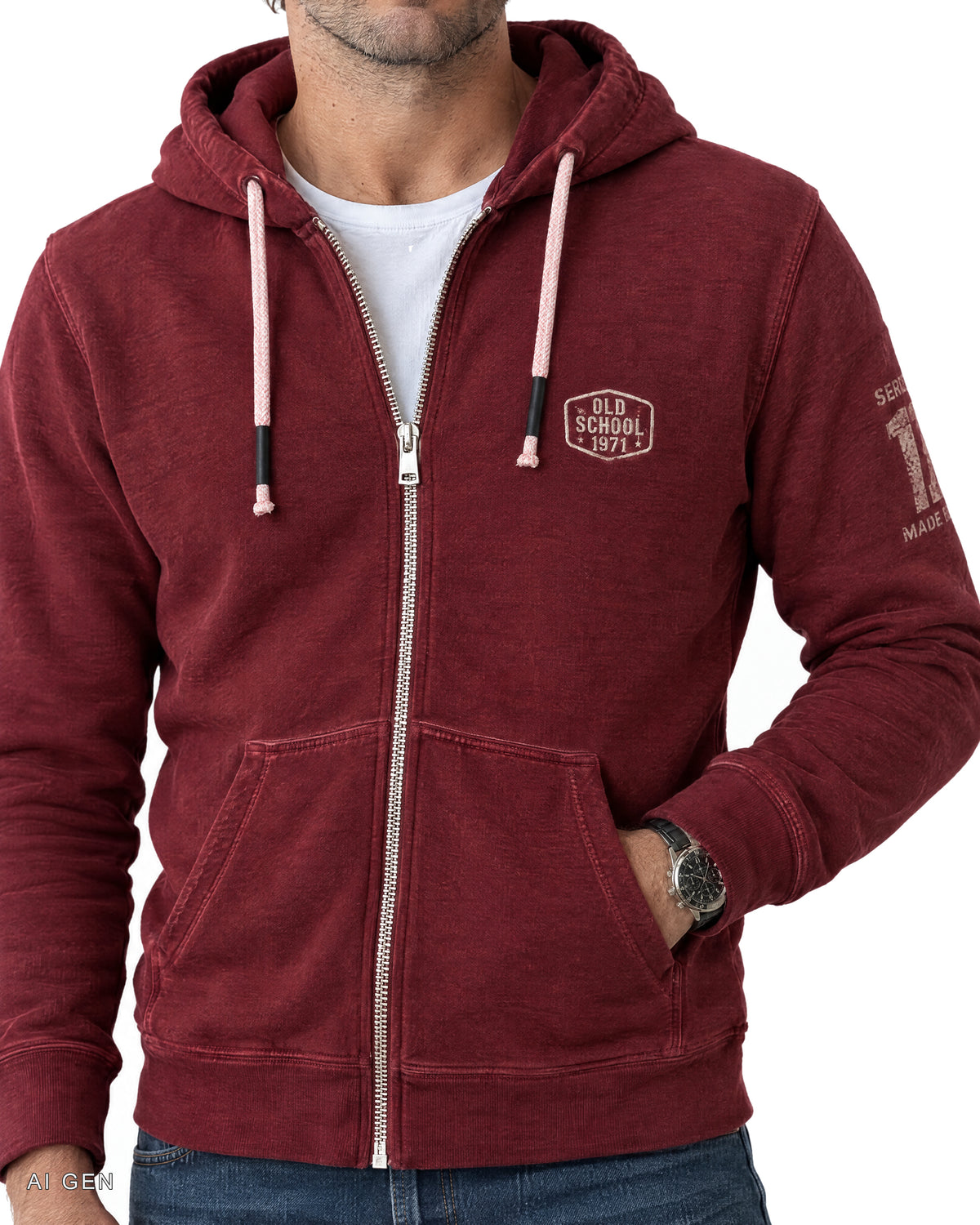 Felpa zip Old School – felpa con zip rosso granata, indossata da un modello – dettaglio