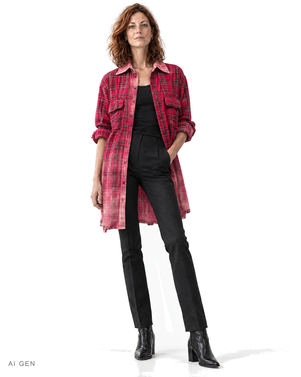 Camicione Donna in Flanella – camicione a quadri rossi e rosa con effetto candeggiato, indossato da una modella – vista frontale