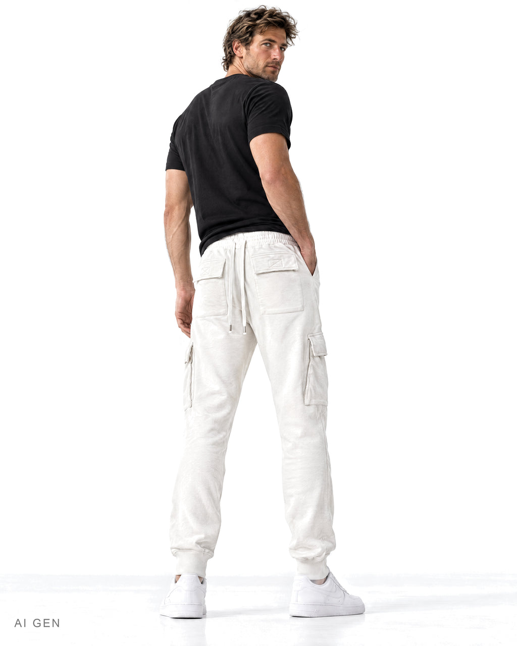 Pantalone Cargo in Felpa – jogger cargo bianco in felpa con coulisse, indossato da un modello – vista posteriore