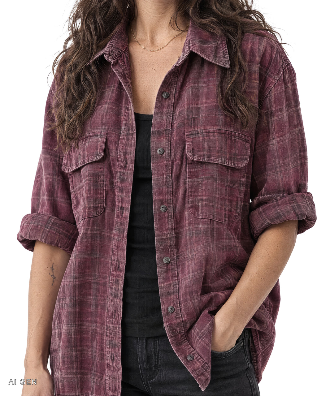 Camicione Donna in Flanella – camicione a quadri viola-bordeaux con effetto delavato, indossato da una modella – dettaglio