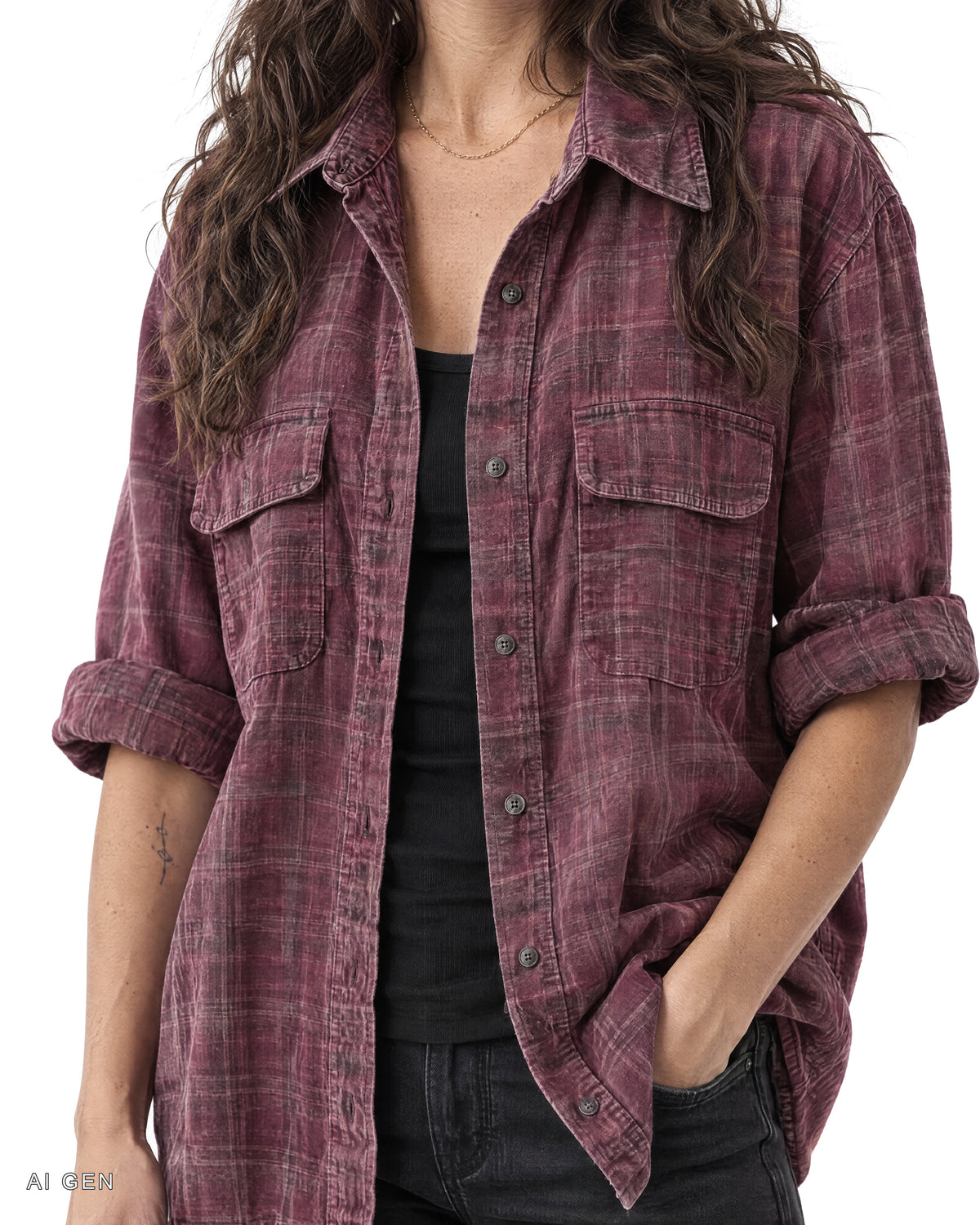 Camicione Donna in Flanella – camicione a quadri viola-bordeaux con effetto delavato, indossato da una modella – dettaglio