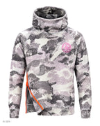 NINJA – felpa in pile camouflage grigio e lilla con zip arancione a collo alto con cappuccio e zip laterale – foto prodotto, vista frontale