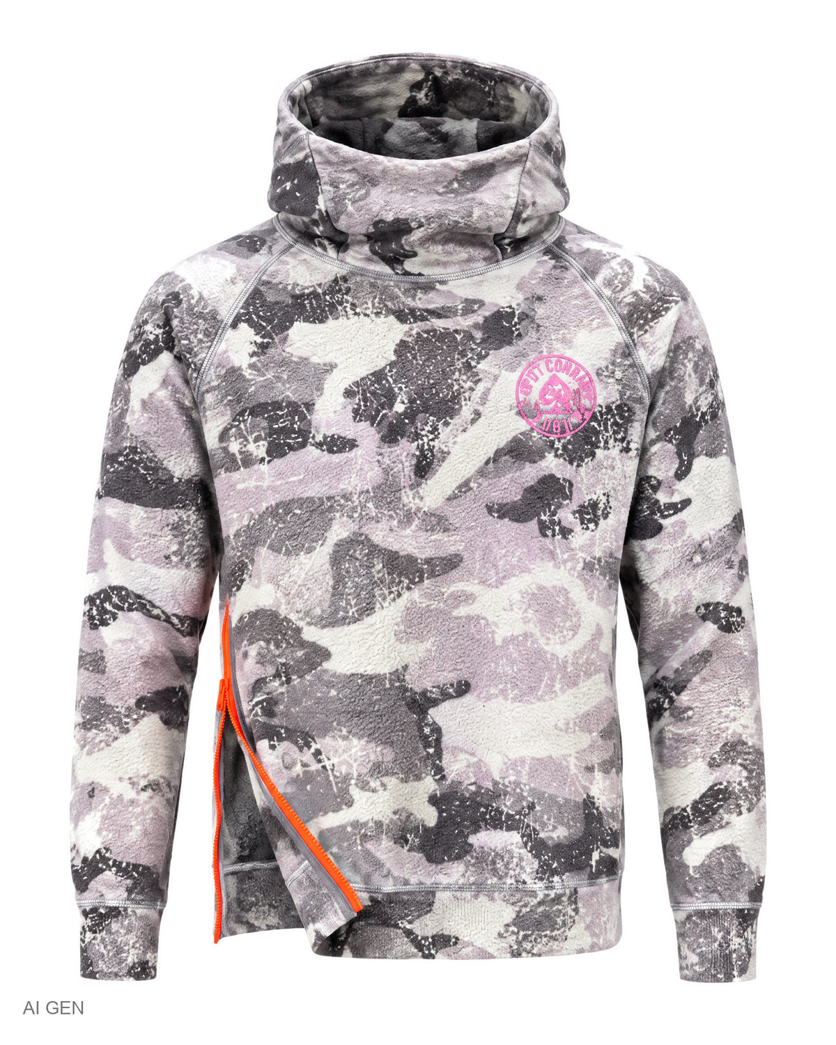 NINJA – felpa in pile camouflage grigio e lilla con zip arancione a collo alto con cappuccio e zip laterale – foto prodotto, vista frontale