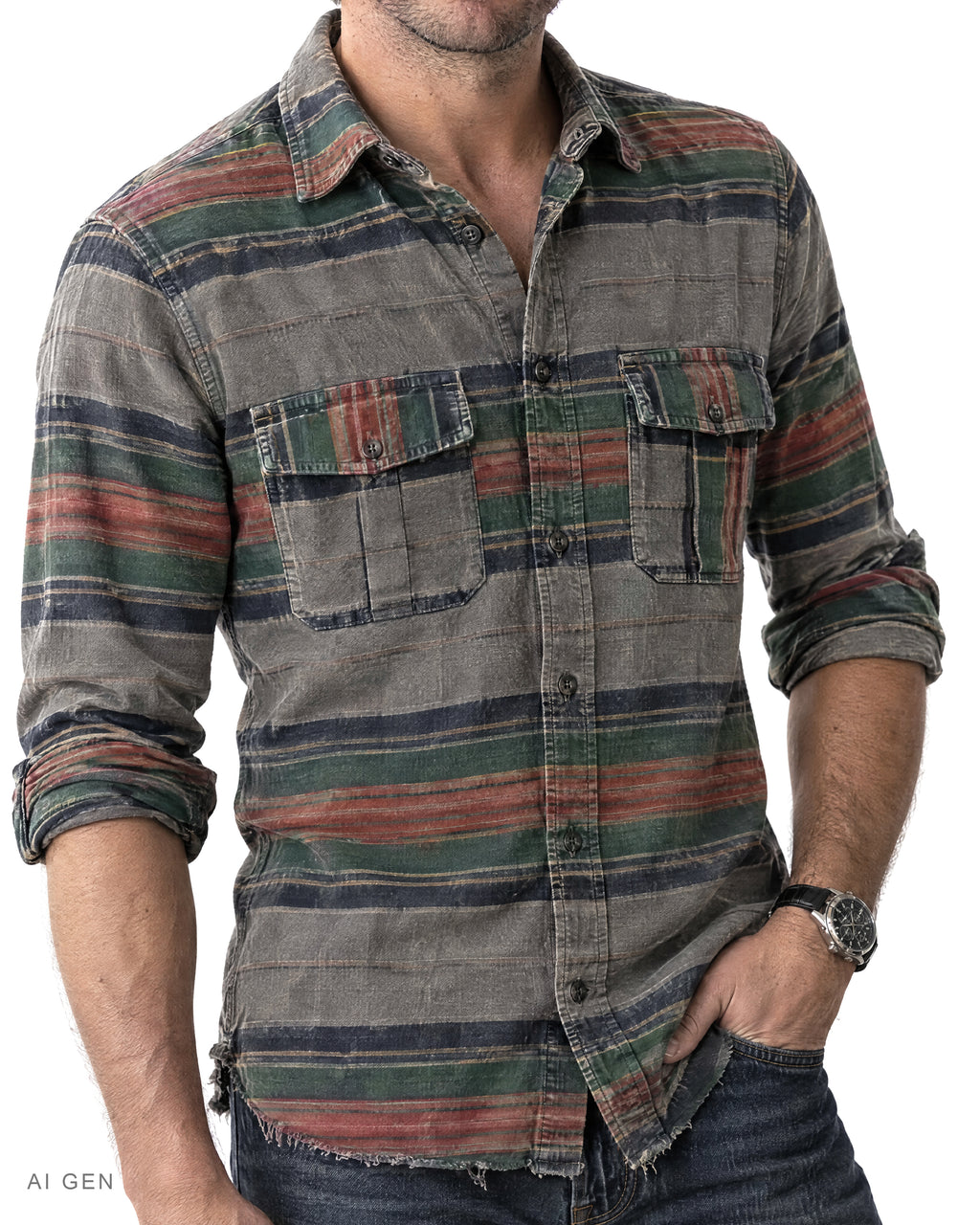 Camicia Uomo in Cotone di Flanella – camicia in flanella grigia a righe larghe verdi, ruggine e blu navy, indossata da un modello – dettaglio