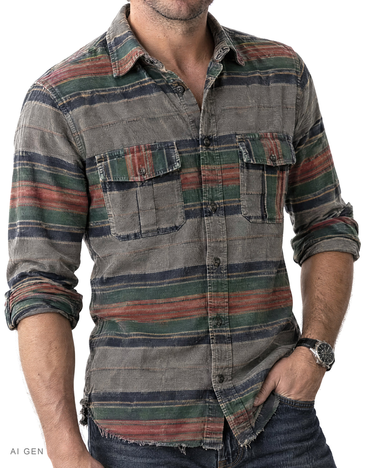 Camicia Uomo in Cotone di Flanella – camicia in flanella grigia a righe larghe verdi, ruggine e blu navy, indossata da un modello – dettaglio