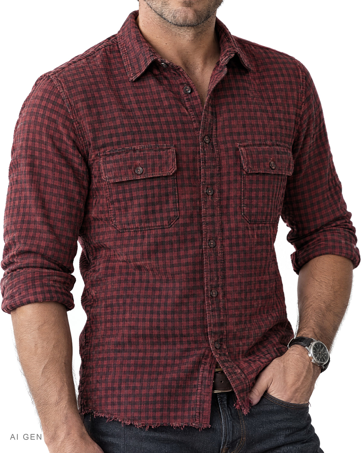 Camicia Uomo in Cotone di Flanella – camicia in flanella a piccoli quadri rosso scuro e neri, indossata da un modello – dettaglio