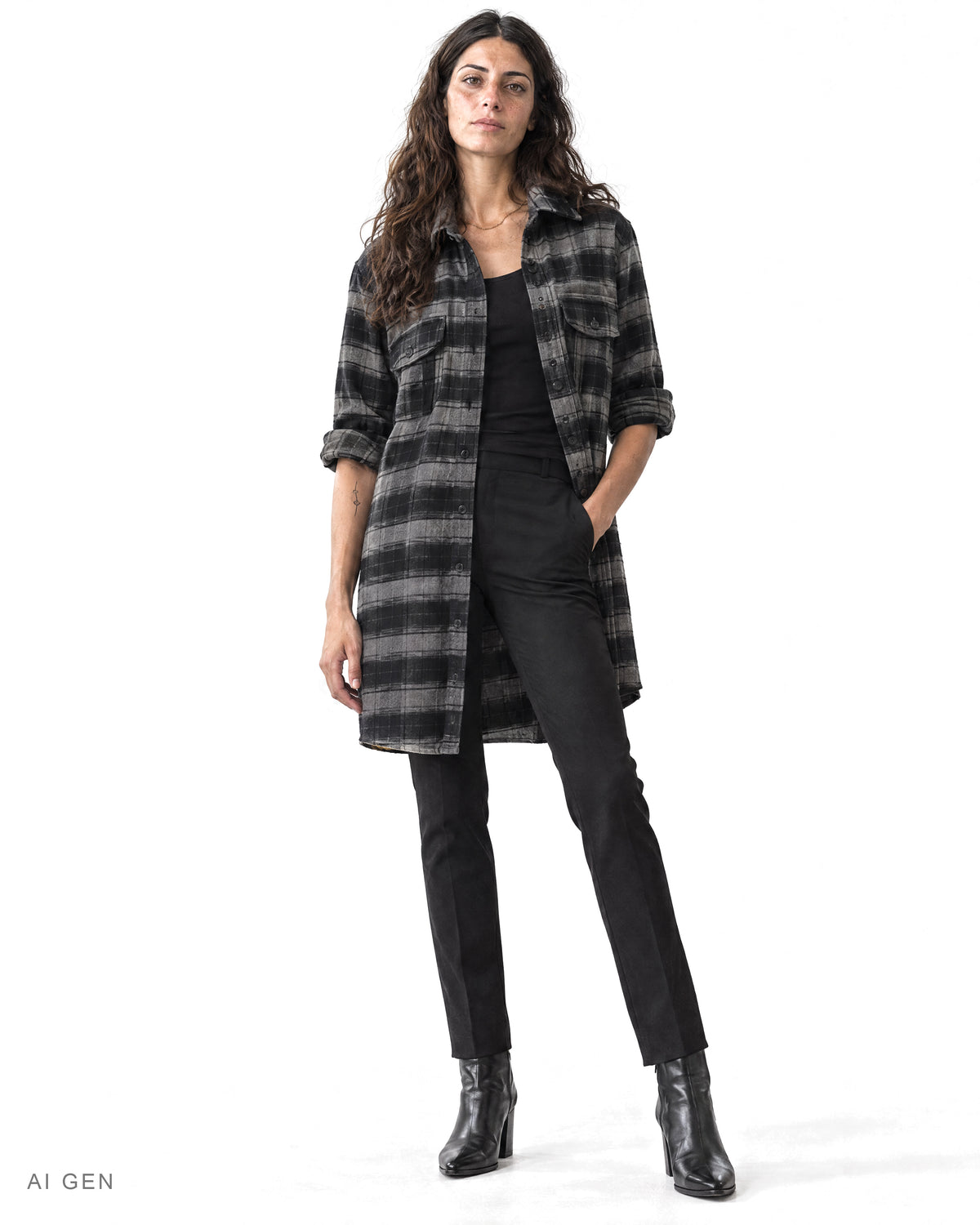 Camicione Donna in Flanella – camicione a quadri grigio antracite e neri a bande larghe, indossato da una modella – vista frontale