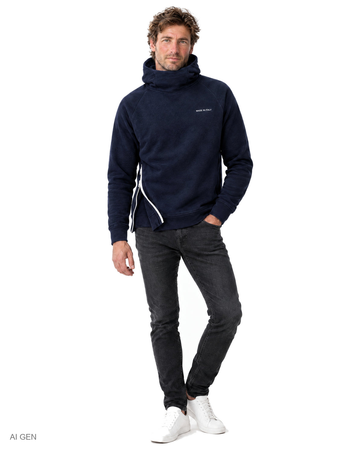 NINJA – felpa in pile blu navy con zip bianca a collo alto con cappuccio e zip laterale, indossata da un modello – vista frontale
